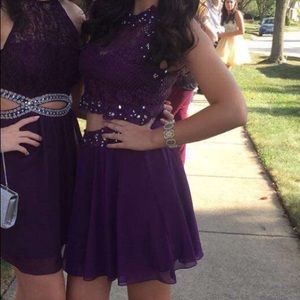 Purple two piece dress with lace top and jewels
